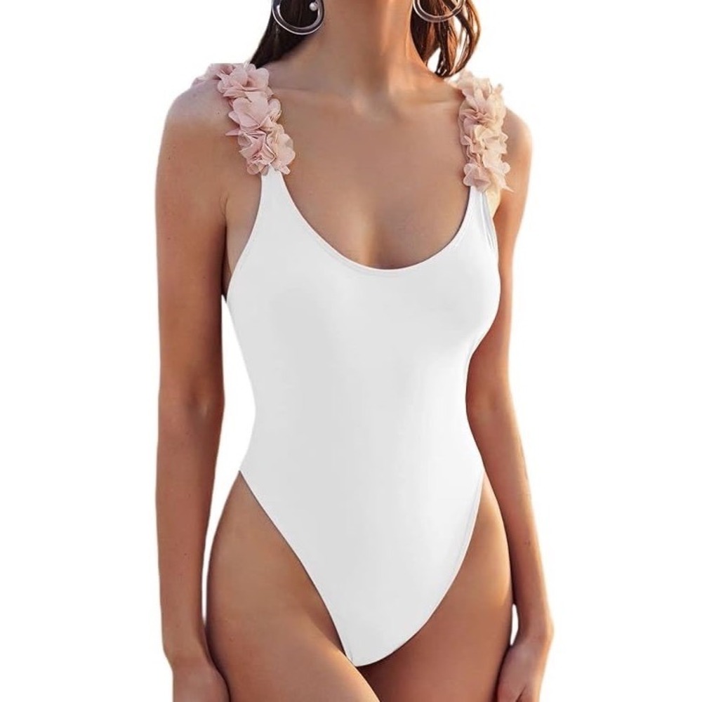 White One Piece Swimsuit Blush Pink Floral Straps High Cut Small Beach Bridal